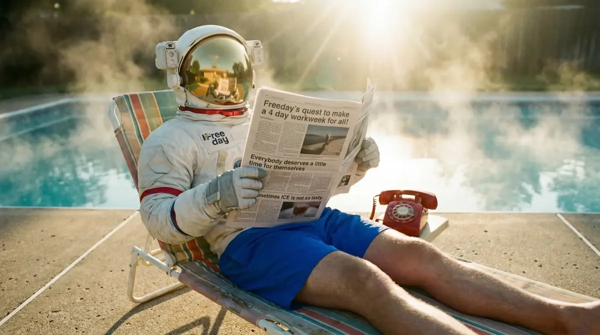A Freeday astronaut by a pool, reading a paper about the four day workweek